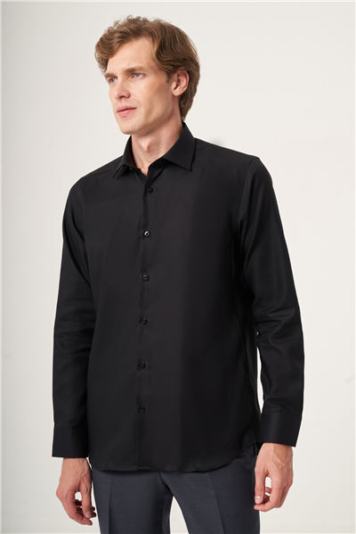 Siyah İtalyan Yaka Oxford Slim Fit Kolay Ütü Pamuklu Gömlek 1004265270