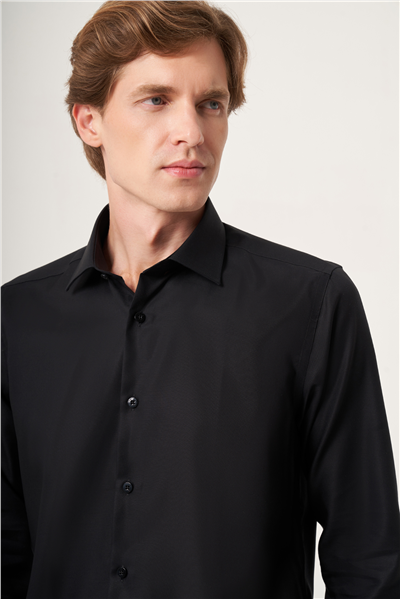 Siyah İtalyan Yaka Oxford Slim Fit Kolay Ütü Pamuklu Gömlek 1004265270