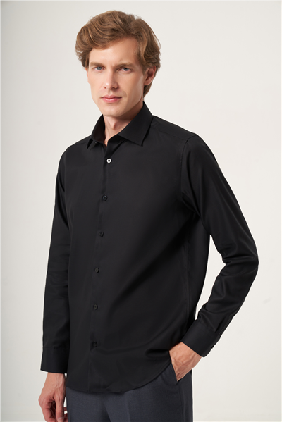 Siyah İtalyan Yaka Oxford Slim Fit Kolay Ütü Pamuklu Gömlek 1004265270
