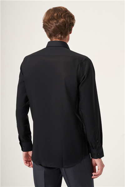 Siyah İtalyan Yaka Oxford Slim Fit Kolay Ütü Pamuklu Gömlek 1004265270