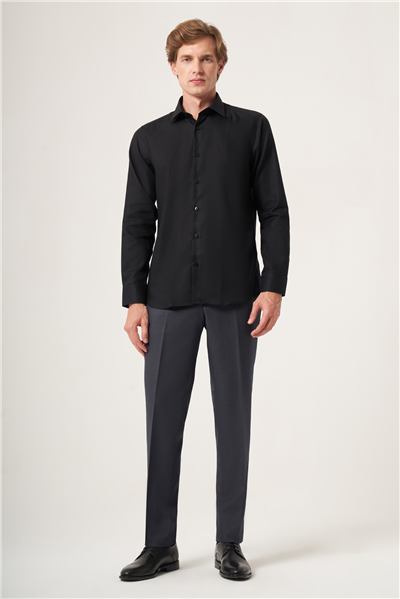 Siyah İtalyan Yaka Oxford Slim Fit Kolay Ütü Pamuklu Gömlek 1004265270
