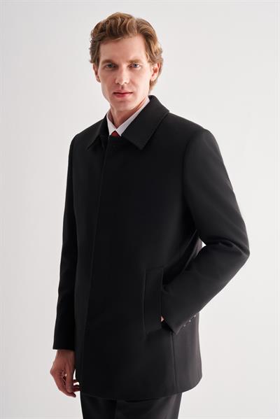 Siyah Kaşe Bebe Yaka Kapitoneli Astar Comfort Fit Rahat Kesim Klasik Büyük Beden Kaban 1008245161