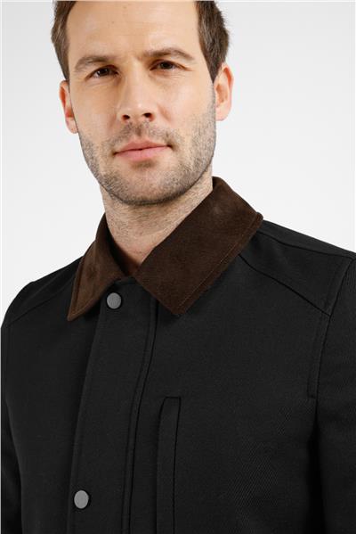 Siyah Kadife Polo Yaka Düz Yırtmaçsız Tam Astar Slim Fit Casual Mont