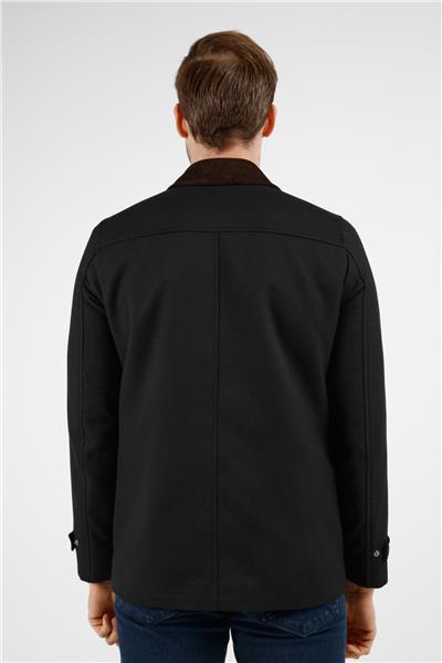 Siyah Kadife Polo Yaka Düz Yırtmaçsız Tam Astar Slim Fit Casual Mont