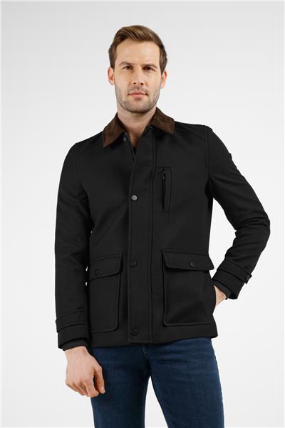 Siyah Kadife Polo Yaka Düz Yırtmaçsız Tam Astar Slim Fit Casual Mont