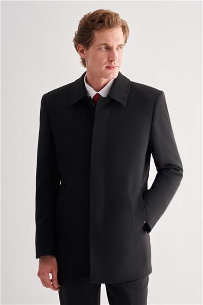 Siyah Kaşe Bebe Yaka Kapitoneli Astar Comfort Fit Rahat Kesim Klasik Kaban 1008245161