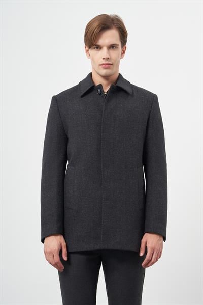 Siyah Kaşe Bebe Yaka Kendinden Desenli Sırt Kapitoneli Astar Comfort Fit Classic Kaban 1008245155