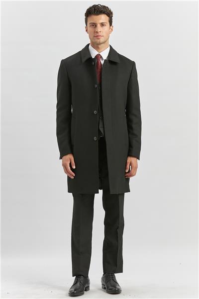 Siyah Kaşe Berberi Yaka Yırtmaçlı Kapitoneli Astar Comfort Fit Rahat Kesim Palto 1005245152