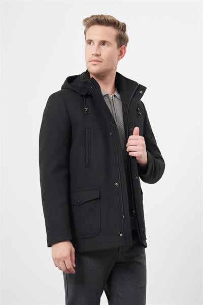 Siyah Kaşe Dik Yaka Astarlı Slim Fit Dar Kesim Klasik Kaban 1008245272