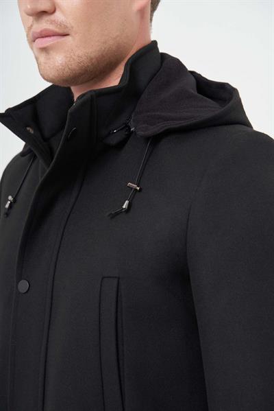 Siyah Kaşe Dik Yaka Astarlı Slim Fit Dar Kesim Klasik Kaban 1008245272