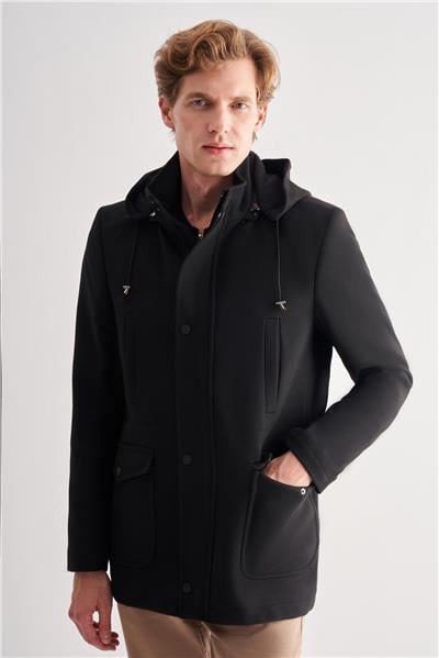 Siyah Kaşe Dik Yaka Astarlı Slim Fit Dar Kesim Klasik Kaban