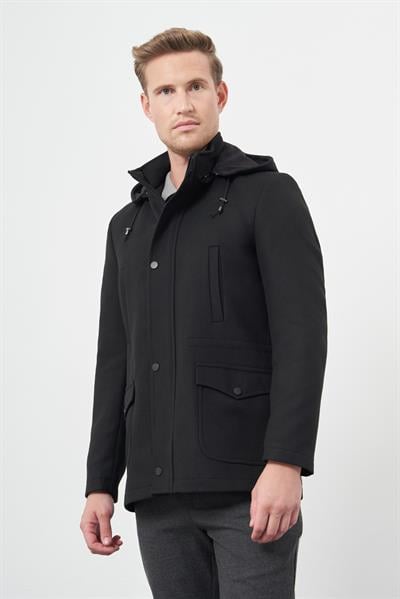 Siyah Kaşe Dik Yaka Astarlı Slim Fit Dar Kesim Klasik Kaban 1008245272