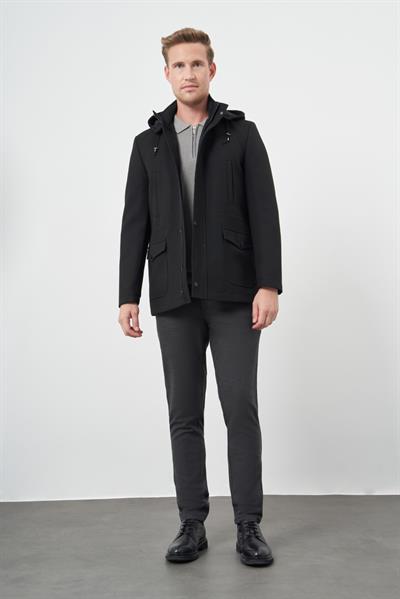 Siyah Kaşe Dik Yaka Astarlı Slim Fit Dar Kesim Klasik Kaban 1008245272