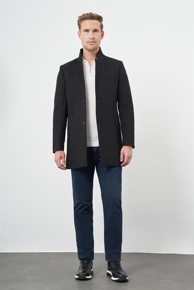 Siyah Kaşe Dik Yaka Kapitoneli Astar Slim Fit Dar Kesim Klasik Kaban 1008245171