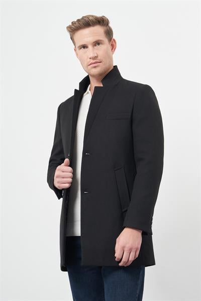 Siyah Kaşe Dik Yaka Kapitoneli Astar Slim Fit Dar Kesim Klasik Kaban 1008245171