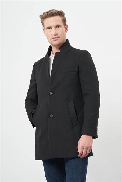 Siyah Kaşe Dik Yaka Kapitoneli Astar Slim Fit Dar Kesim Klasik Kaban 1008245171