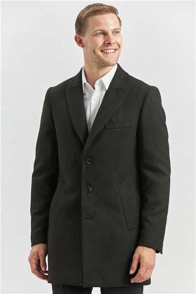 Siyah Kaşe Kırlangıç Yaka Yırtmaçlı Kapitoneli Astar Comfort Fit Rahat Kesim Palto 1005245157