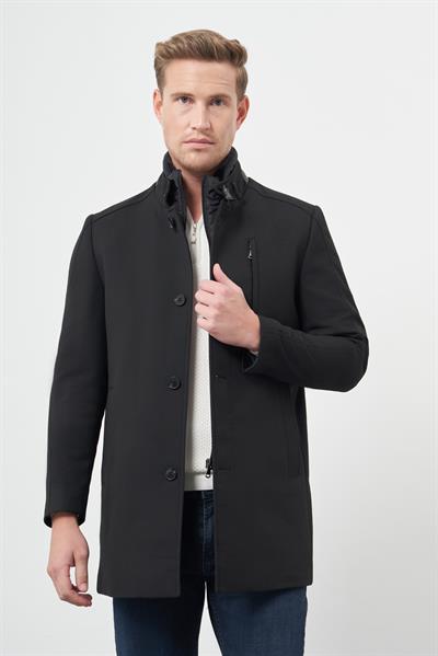 Siyah Kaşe Kürklü Yaka Düz Tek Yırtmaç Tam Kapitone Astar Slim Fit Classic Palto 1005245102