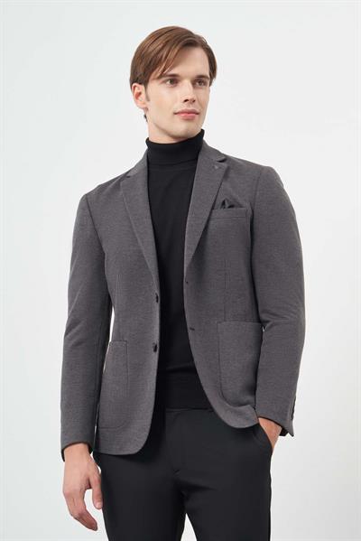 Siyah Kazayağı Desen Örme Mono Yaka 6 Drop Slim Fit Ceket 1002245150