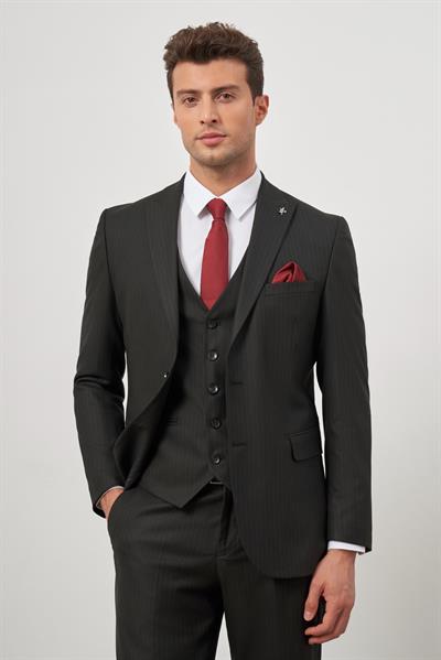 Siyah Kılıç Yaka Yelekli 6 Drop Slim Fit Classic Takım Elbise 1001245154