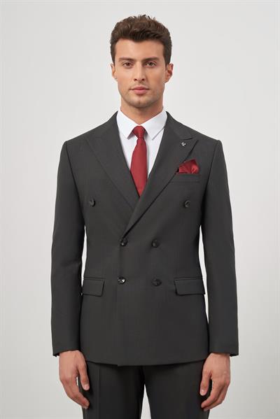 Siyah Kırlangıç Yaka Çizgili Kruvaze 6 Drop Slim Fit Tam Astar Esnek Takım Elbise 1001245157