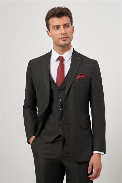 Siyah Kılıç Yaka Yelekli 6 Drop Slim Fit Classic Takım Elbise 1001245154