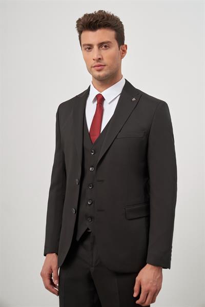 Siyah Kılıç Yaka Yelekli 6 Drop Slim Fit Classic Takım Elbise 1001245152