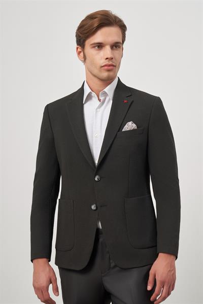 Siyah Gofreli Mono Yaka 6 Drop Slim Fit Classic Ceket 1002245158