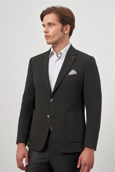 Siyah Gofreli Mono Yaka 6 Drop Slim Fit Classic Ceket 1002245158