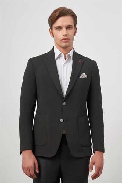 Siyah Gofreli Mono Yaka 6 Drop Slim Fit Classic Ceket 1002245158