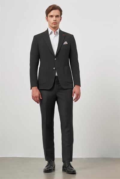 Siyah Gofreli Mono Yaka 6 Drop Slim Fit Classic Ceket 1002245158