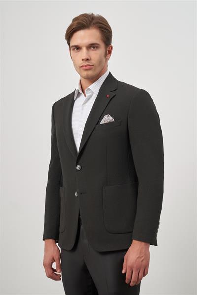Siyah Gofreli Mono Yaka 6 Drop Slim Fit Classic Ceket 1002245158