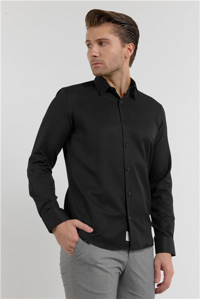 Siyah Kendinden Desenli Sert Yaka Uzun Kol Cepsiz Slim Fit Pamuklu Gömlek 1004255283