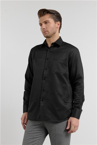 Kendinden Desenli Sert Yaka Uzun Kol Cepli Comfort Fit Pamuklu Gömlek 1004255269