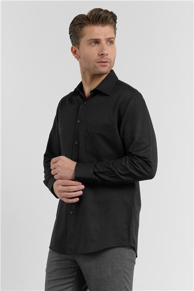Siyah Kendinden Desenli Sert Yaka Uzun Kol Cepli Comfort Fit Pamuklu Gömlek 1004255206