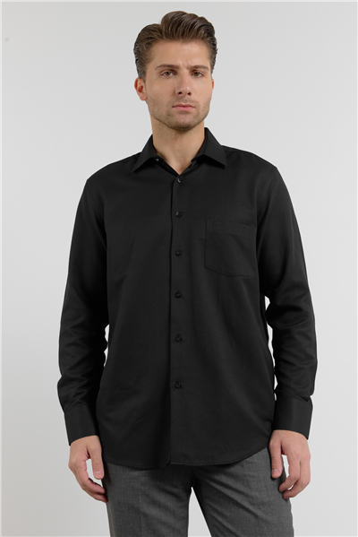 Siyah Kendinden Desenli Sert Yaka Uzun Kol Cepli Comfort Fit Pamuklu Gömlek 1004255206