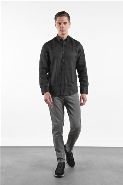 Siyah Keten Düğmeli Yaka Uzun Kol Cepsiz Slim Fit %100 Keten Gömlek 1004260161