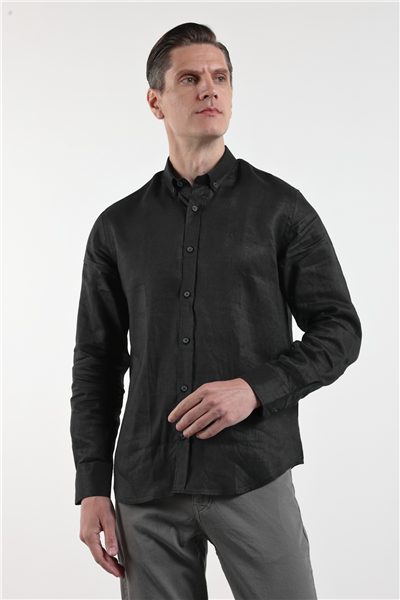 Siyah Keten Düğmeli Yaka Uzun Kol Cepsiz Slim Fit %100 Keten Gömlek 1004260161