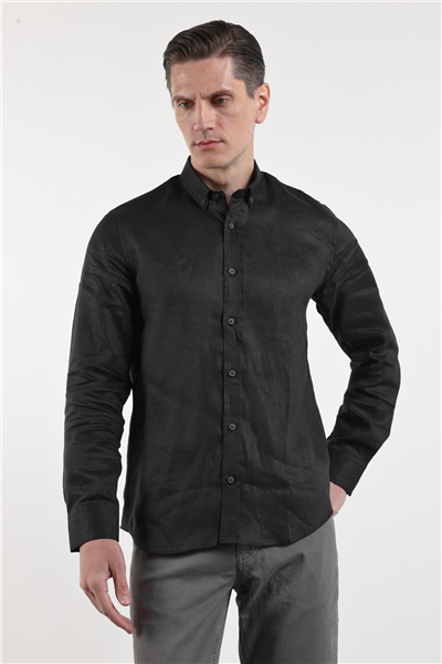 Siyah Keten Düğmeli Yaka Uzun Kol Cepsiz Slim Fit %100 Keten Gömlek 1004260161