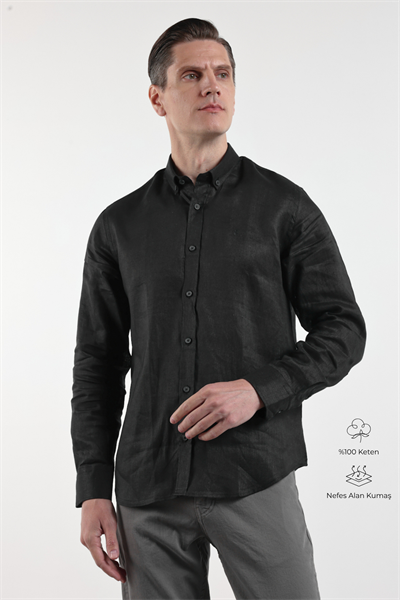 Siyah Keten Düğmeli Yaka Uzun Kol Cepsiz Slim Fit %100 Keten Gömlek 1004260161