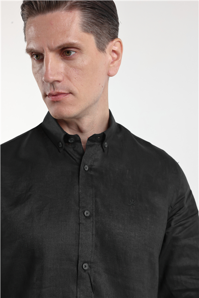 Siyah Keten Düğmeli Yaka Uzun Kol Cepsiz Slim Fit %100 Keten Gömlek 1004260161