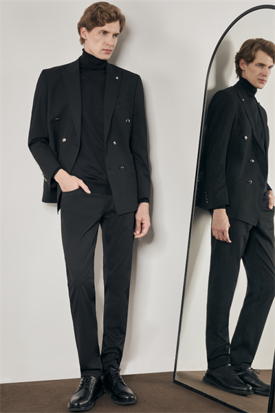 Siyah Kılıç Yaka Astarlı Çift Yırtmaç Pamuklu 6 Drop Slim Fit Classic Kruvaze Ceket 1002255113