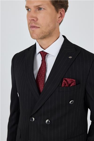 Siyah Kılıç Yaka Çizgili Desen Kruvaze Classic Esnek Slim Fit Takım Elbise 1001250173