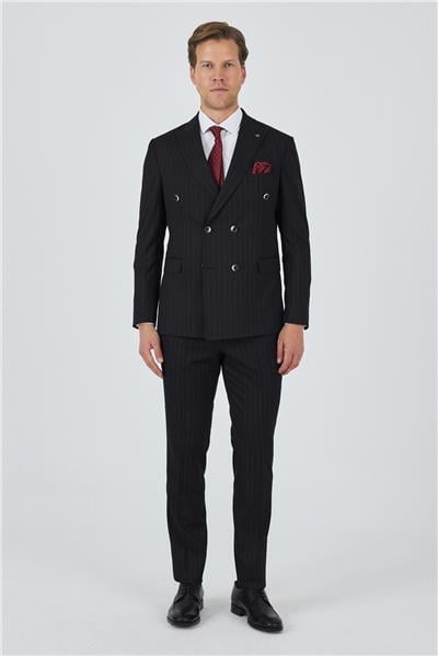 Siyah Kılıç Yaka Çizgili Desen Kruvaze Classic Esnek Slim Fit Takım Elbise 1001250173