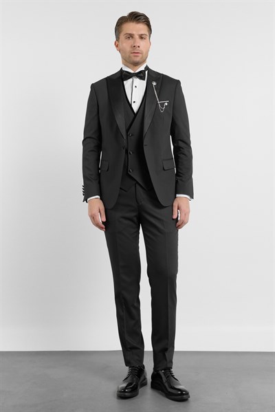 Siyah Kılıç Yaka Düz Desen 6 Drop Slim Fit Esnek Yelekli Damatlık Takım Elbise 1001260287