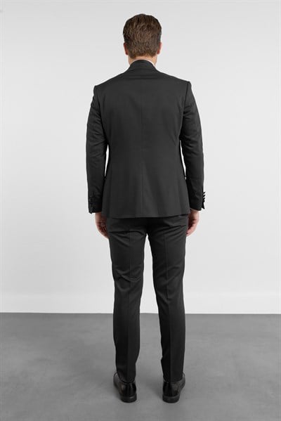 Siyah Kılıç Yaka Düz Desen 6 Drop Slim Fit Esnek Yelekli Damatlık Takım Elbise 1001260287