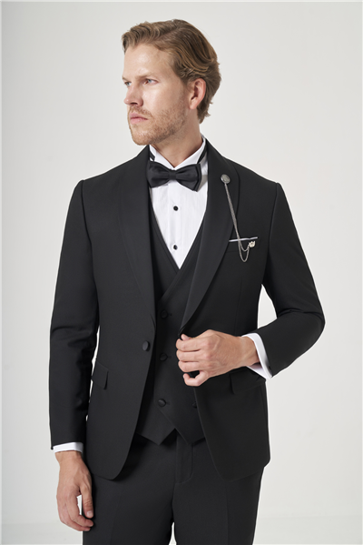Siyah Kırlangıç Yaka Düz Desen 6 Drop Slim Fit Yelekli Damatlık Takım Elbise 1001260206