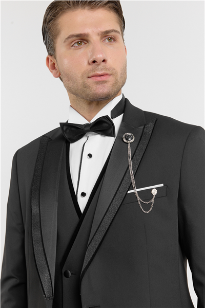 Siyah Kılıç Yaka Düz Desen 6 Drop Slim Fit Esnek Yelekli Damatlık Takım Elbise 1001260288