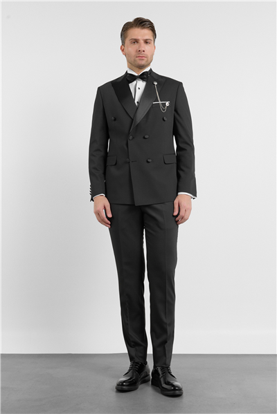 Siyah Kılıç Yaka Düz Desen 6 Drop Slim Fit Esnek Takım Elbise 1001260203