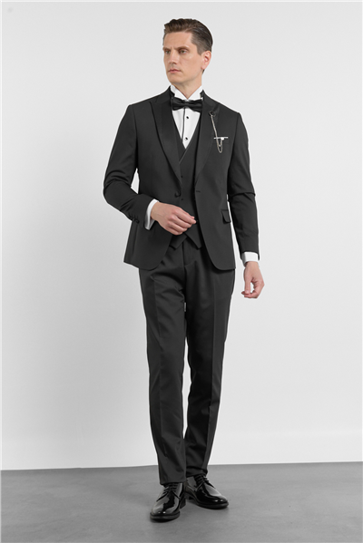 Siyah Kılıç Yaka Düz Desen 6 Drop Slim Fit Esnek Yelekli Damatlık Takım Elbise 1001260293